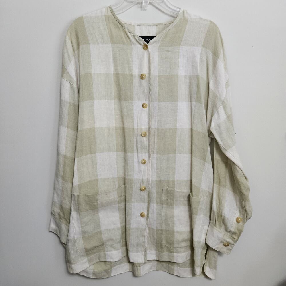 Company Ellen Tracy 100% Linen Tunic Top Lg Sleeve Blouse Size M Sage Ivory